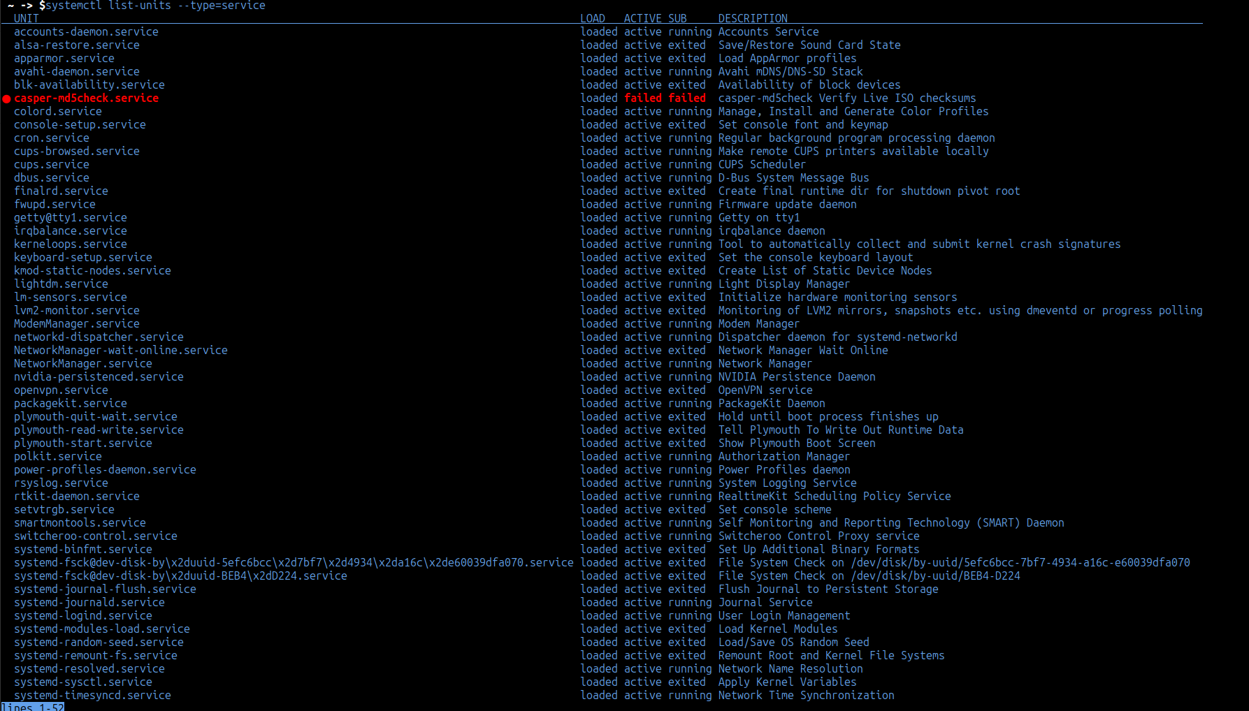 Resultado en la terminal del comando systemctl list-units --type=service
